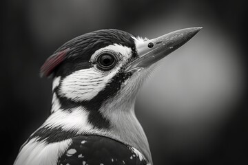 Canvas Print - Great Spotted Woodpecker, close up portrait of the red cap on the bird's head. France. A black and white animal living in a forest with a clear green background. Generative AI