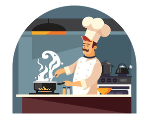 Wall Mural - chef cooking, Chef preparing meal in the kitchen, chef at work, vector illustration.