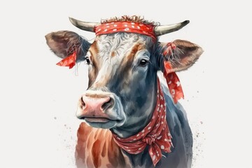 Canvas Print - Portrait of a cow with a red bandana on a white background. Go to the Watercolor. Illustration. Template. Livestock. Generative AI