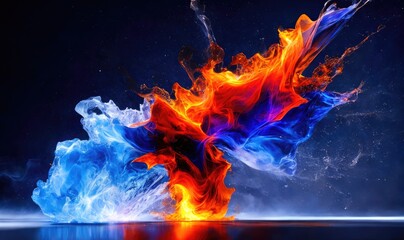 Water splashes with blue and orange colors, abstract like fire and smoke. Generative AI