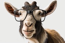 A Picture Of A Goat In Glasses With Its Tongue Sticking Out, Set Against A White Background. Generative AI
