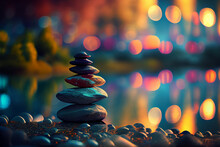 Abstract Beautiful Digital Art Design. Meditation Place With Stones In The River. 