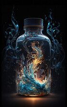 Magical Bottle With Glowing Blue Content On Dark Background