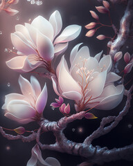 Wall Mural - fantasy white flowers on branches on dark background