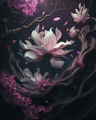 Wall Mural - fantasy white flowers on branches on dark background
