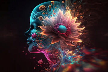 Wall Mural - abstact illustration person profile with fantasy glowing flowers