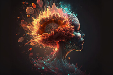 Wall Mural - abstact illustration person profile with fantasy glowing flowers