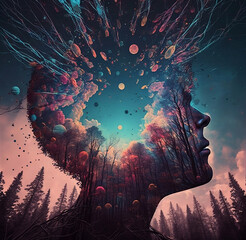 abstract illustration of man profile with forest and blue sky