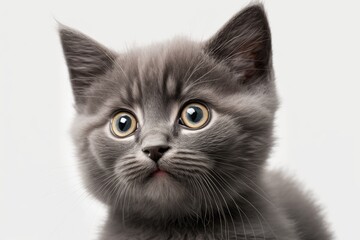 Poster - A close up portrait of a little gray kitten on a white background. Generative AI