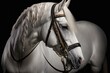 White Holsteiner horse in studio with bridle on black background. Generative AI