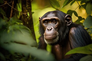 Sticker - Chimpanzee, pan troglodytes, adult in the tropical rainforest of Kibale National Park in western Uganda. Because of the park conservation program, some groups are used to being around people