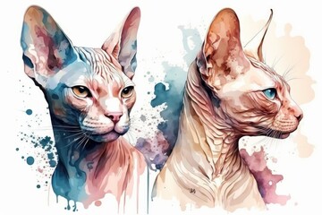 Wall Mural - Cats in watercolor. Sphynx. Watercolor animal illustration. Animal portrait. Illustration in watercolor on a white background. Generative AI