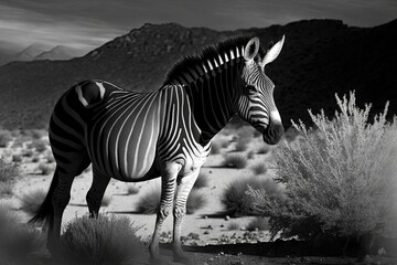 Canvas Print - A black and white picture of a Cape Mountain Zebra. Generative AI