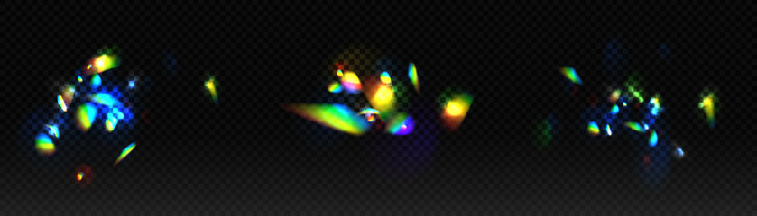 Leinwandbilder - Rainbow crystal light reflection glare.  Colorful optical rainbow lights beam lens glare leak overlay stripes on a transparent dark background.