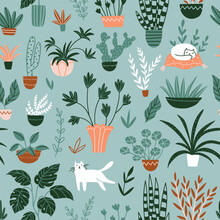 Vector Seamless Pattern With Potted Flowers And Cats. Cute And Cozy Repeat Background In Green Colors. Botanical Fabric Design.
