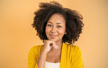 Portrait smile confident business designer black woman yellow suit office. Black business girl Startup successful power business leader women executive people looking copy space isolated on yellow