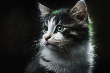 Poster - A picture of a kitten on a dark background. A black and white cat with green eyes is painted in oil. Generative AI