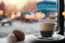 Sweet Coffee With Dessert On The Blurred Background With Bokeh Of Skating Ice Rink. AI Generative