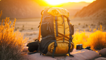 Hiking backpack at golden light outdoors, AI generative