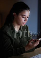 Leinwandbilder - Web search, internet and phone with woman in office at night for networking, 3d hologram and connection. Technology, url and seo with employee and webpage for information, data and social media
