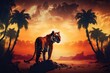 Tiger and a fantasy sunset in a jungle with a butterfly and a palm tree. Background of wildlife and a beautiful panthera tigris, amazing warm sun light, and a dramatic red cloudy sky. A picture of a w