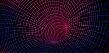 Color Wireframe Wormhole On Black, 3d Funnel Or Portal. Graphic Illusion Of Grid Hole, Line Warp, Abstract Geometric Mesh Vector Illustration On Dark Background