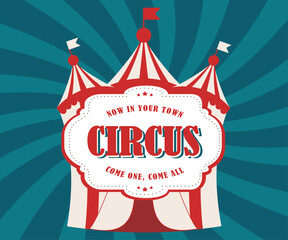 Wall Mural - Circus poster. World Circus Day. Image of a vintage circus tent with a large inscription Circus on a dark blue background with diverging rays. Vector Illustration EPS10