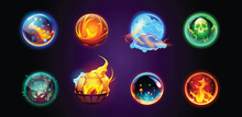 Isolated Magic Prophecy Sphere Vector Icon. Glow Crystal Energy Orb Ball For Fantasy Game Object. Circle Light Globe Magician Element For Prediction Set. Shiny Fireball With Flame Illustration.