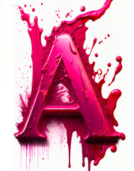 Concept of creative letter A, flat lay. Character from the alphabet for the celebration, a spilled explosion of viva magenta paint on white background. Illustration. Generative AI.