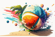 Abstract Background Picture, Big Colorful Beach Volleyball, Green Palm Tree, Colorful Paint Sharpener