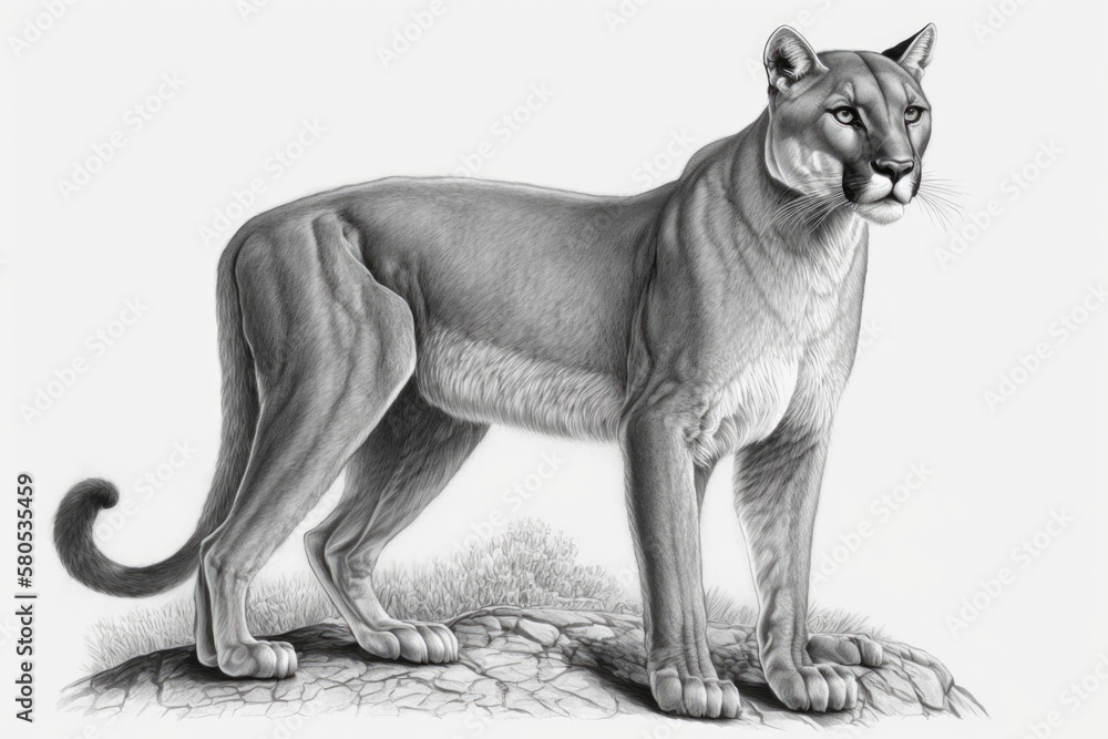 Ilustracion de Stock Realistic drawing of a Puma concolor couguar illustration for Encyclopedia of Extinct Animals black book image on white background. Generative AI Adobe Stock