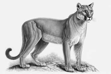 Wall Mural - Realistic drawing of a Puma concolor couguar, illustration for Encyclopedia of Extinct Animals, black book, image on white background. Generative AI