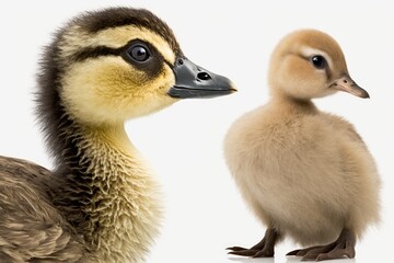 Canvas Print - A close up portrait of a curious gosling and duckling on a white background. Generative AI