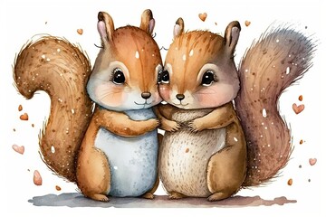 Sticker - Cute squirrels couple hugs, watercolor clipart, love illustration with cartoon characters, good for card and print design. Generative AI