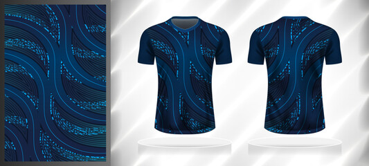 Vector sport pattern design template for V-neck T-shirt front and back with short sleeve view mockup. Dark and light shades of blue color gradient abstract curve line texture background illustration.