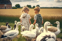 Children Boys And Girls Walk With A Flock Of Geese Across The Field. The Concept Of A Happy Childhood In The Village Rural Animals. Generative AI