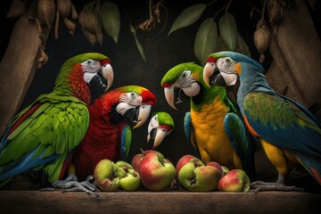 Canvas Print - Group of wild Ara parrots, Ara macaos, and hybrids of the Scarlet Macaw and the Great Green Macaw eating fruit in a portrait photo. Costa rica. Generative AI