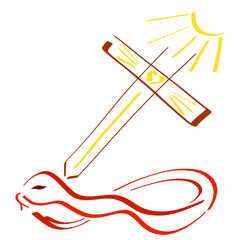 Wall Mural - cross as a shining sword strikes a snake in the head, colorful abstract sketch