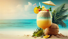 Fresh Cold Cocktail On Tropical Beach With Palms And Bright Sand. Summer Sea Vacation And Travel Concept With Generative AI Technology