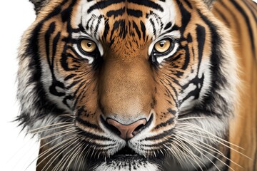 Wall Mural - Close up of the head of a staring tiger, isolated on white. Generative AI