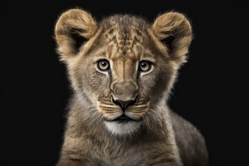 Canvas Print - Front view of a portrait of a lion cub looking at the camera, isolated on a black background. Generative AI