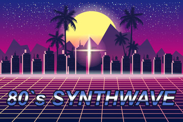 Wall Mural - Synthwave 80 s banner vaporwave aesthetic background. Futuristic city palms grid 3d, sunset 80 s retrowave