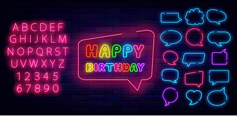 Wall Mural - Happy Birthday neon label. Holiday celebration. Glowing pink alphabet. Vector stock illustration