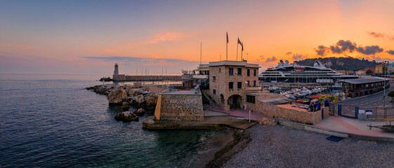 Sticker - Mediterranean Sea with the lighthouse at sunset in the harbor, Nice, France