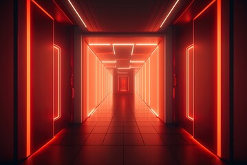 Wall Mural - This is an image of a futuristic, sci-fi led neon light burning bright red in a room, hallway, or other enclosed space, and the floor is concrete. Generative AI