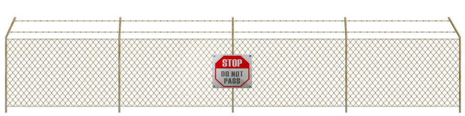 Wall Mural - Rusty Metal chain link fences and Barbed Wire with STOP DO NOT PASS text- Png Transparent 3D Image