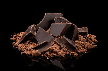 Wall Mural - Pile of Cocoa powder and chocolate pieces isolated on black background