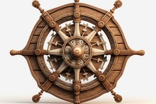Pirate Ship Wooden Helm Illustration, White Background. Generative AI