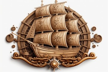 Wall Mural - Pirate wooden ship illustration, white background. Generative AI