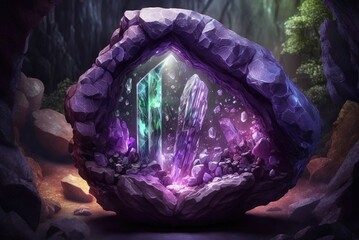 Wall Mural - Illustration of a wonderful, mystical crystal amethyst glowing from inside, like something out of a fantasy novel. Generative AI